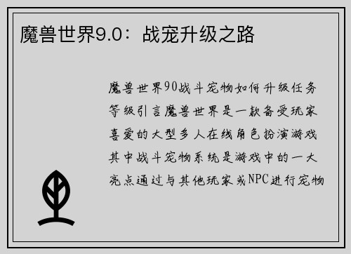 魔兽世界9.0：战宠升级之路