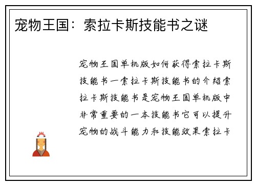 宠物王国：索拉卡斯技能书之谜